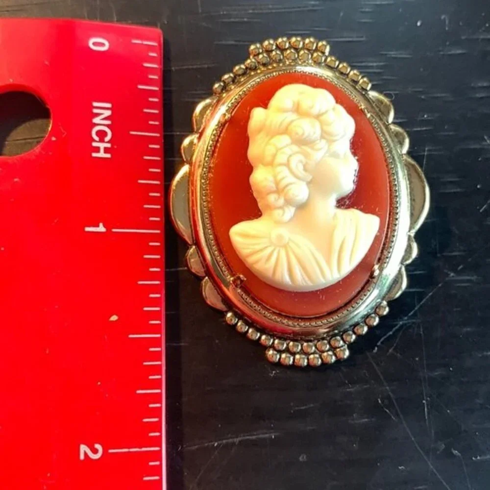 Vintage Cameo Pin off white on brown/orange background